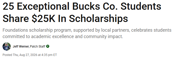 Headline that says "25 Exceptional Bucks County Students Share $25K in Scholarships