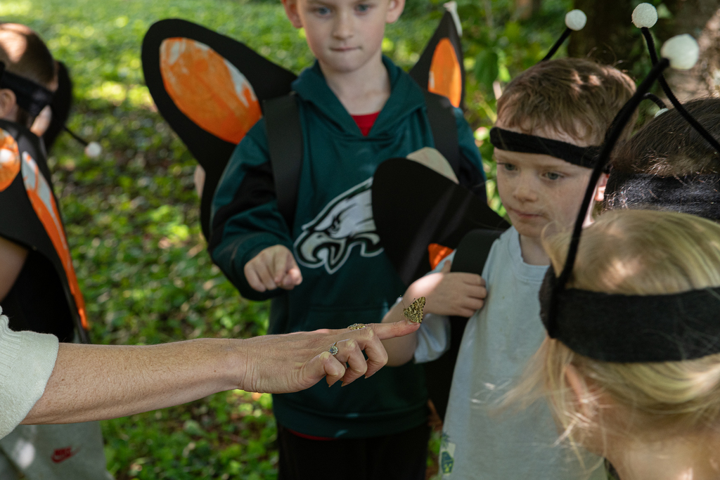 students looking a butterly on a teachers finger