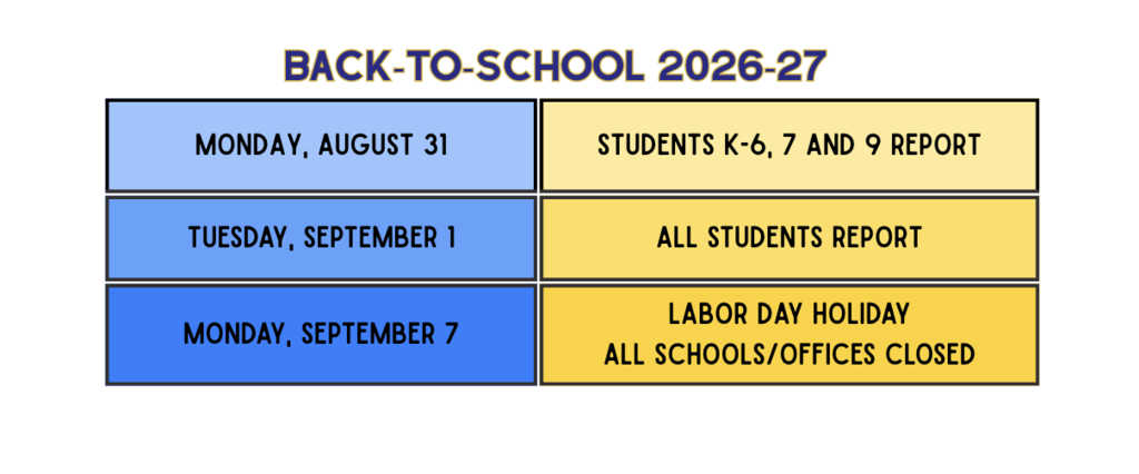 School schedule Monday, August 31, Tuesday, September 1, and Monday, September 7 (schools closed for Labor Day)