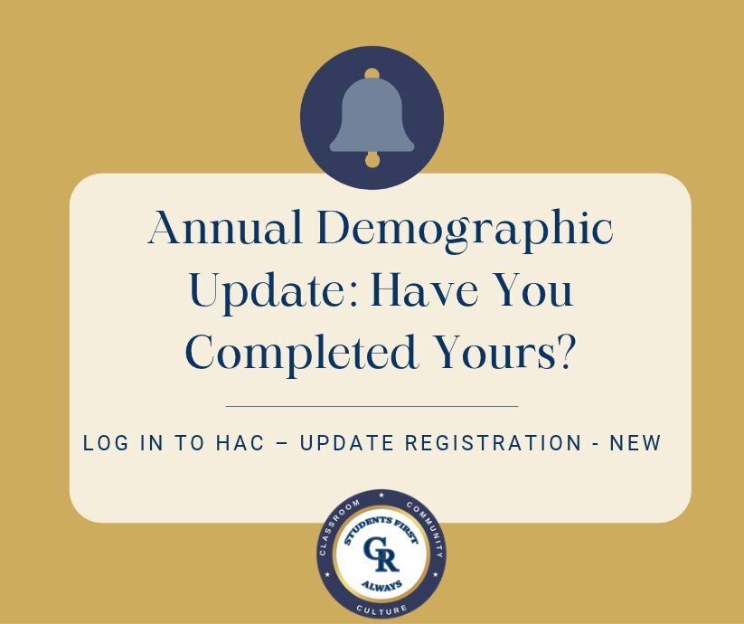 Gold and blue graphic- reminder to complete Annual Demographic Update with iinstructions to log onto HAC select Update Registration - select New Instructions