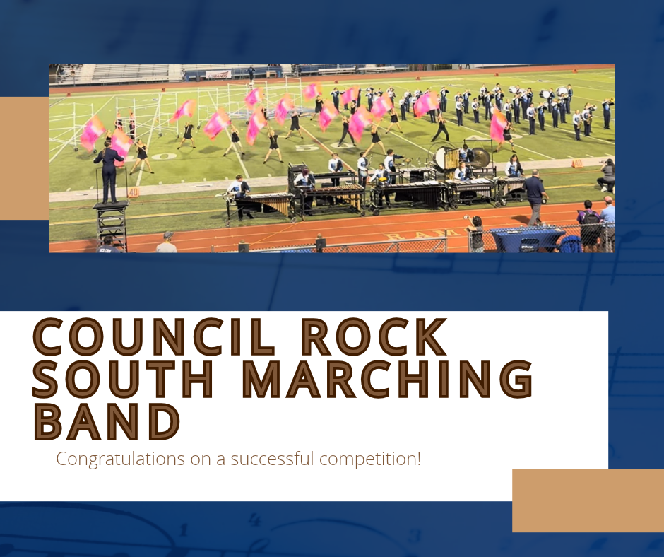Council Rock South Marching Band image on blue backround with photo of CRS marching band