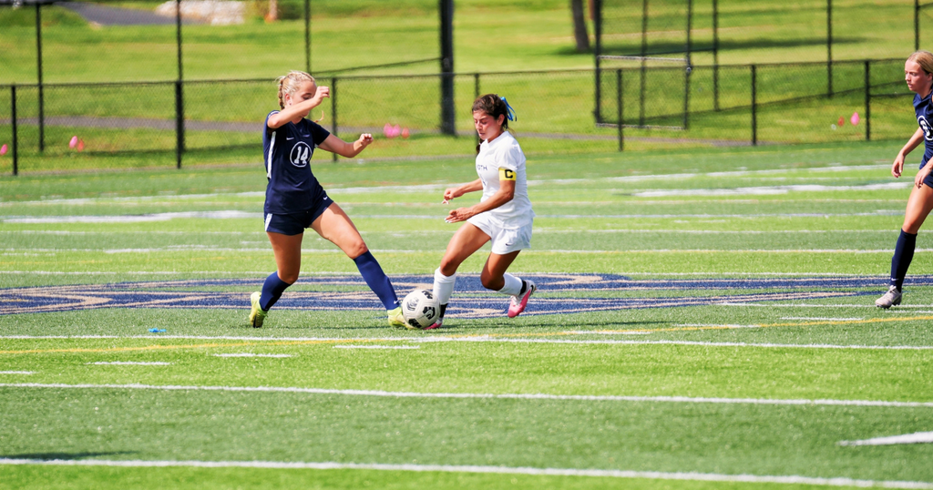 two soccer players chasing after the a ball on a green field