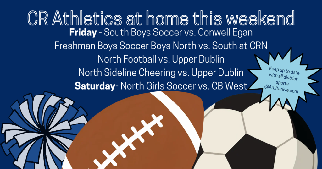 Print on dark blue backround- cr athletics at home this weekend - Friday boys Soccer, football, and cheer leading. saturday girls soccer