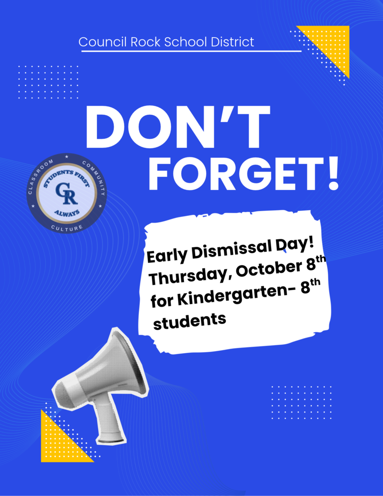 Flyer on blue backround - reminding parents that Thursday 10/8 is a half day