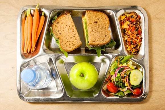 apple sandwich salad carrots on lunch tray