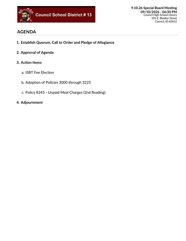 09.10.26 Special Board Meeting Agenda
