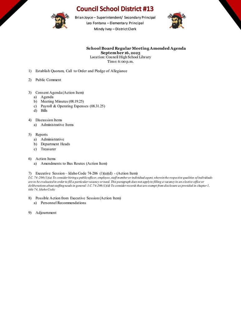 September Board Meeting Agenda