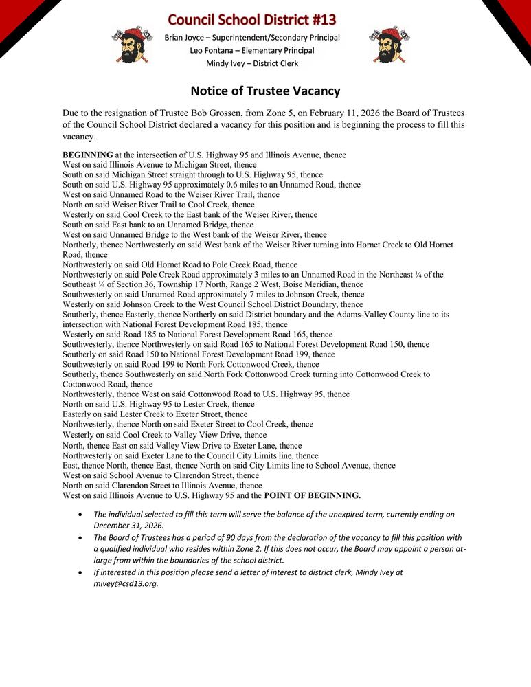 Notice of Trustee Vacancy for Zone 5