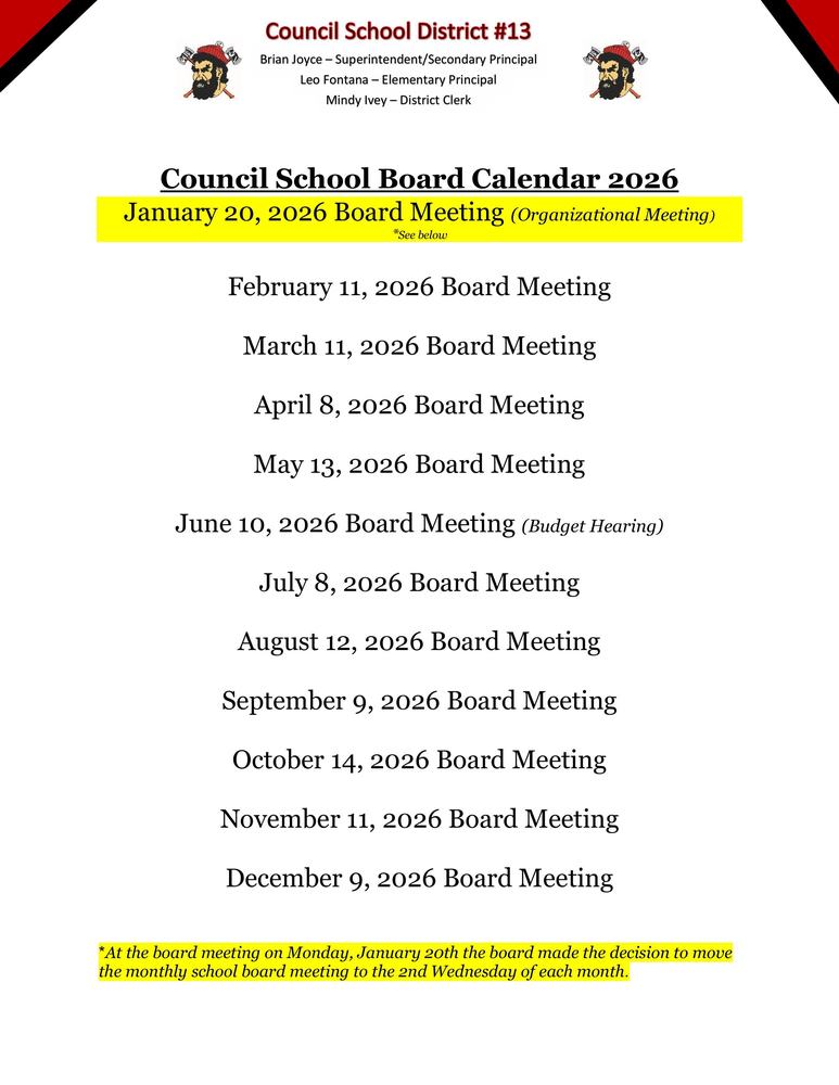 2026 School Board Calendar