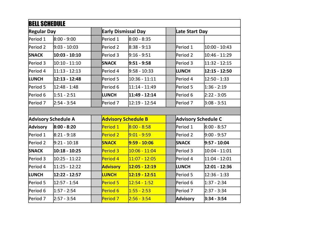 Bell Schedule with Advisory A,B,C Schedules