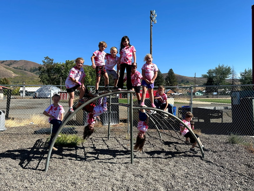Students pose on jungle gym