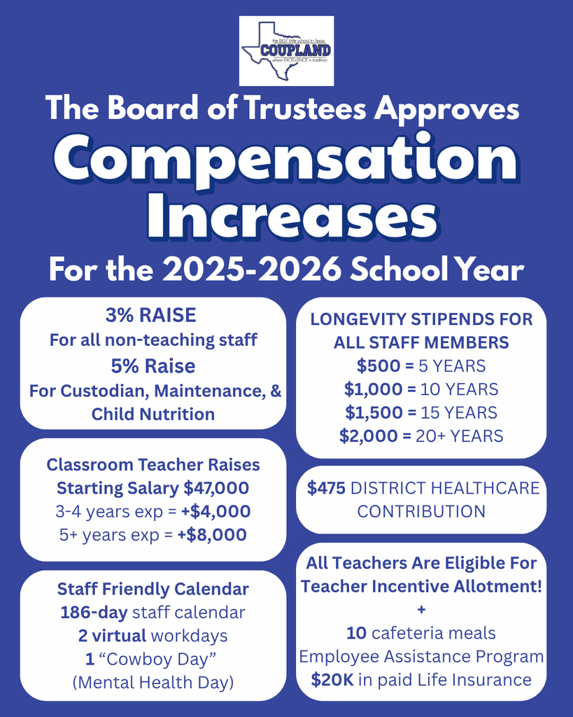 Coupland ISD Compensation Plan increases. See www.couplandisd.org/page/human-resources  for more information. 