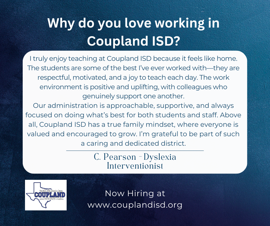 Staff love it in Coupland. Apply at www.couplandisd.org