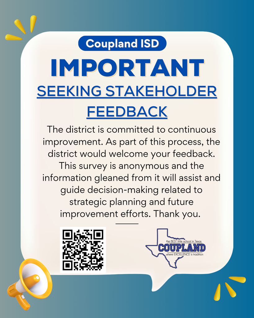 Coupland ISD needs yComplete our annual Parent and Community Survey. https://forms.gle/AQYXN7mWFTnks3SW9