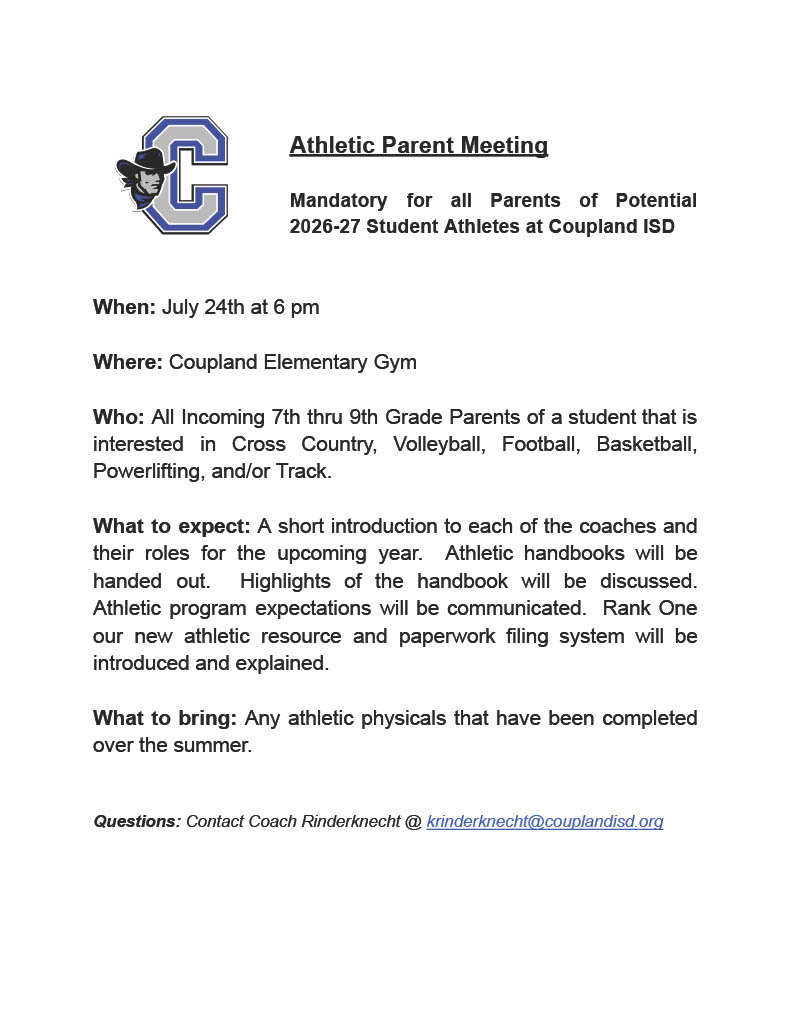 Mandatory Parent Meeting July 24 at 6PM