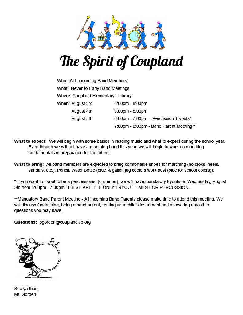 Band Camp is August 3-5 from 6-8pm
