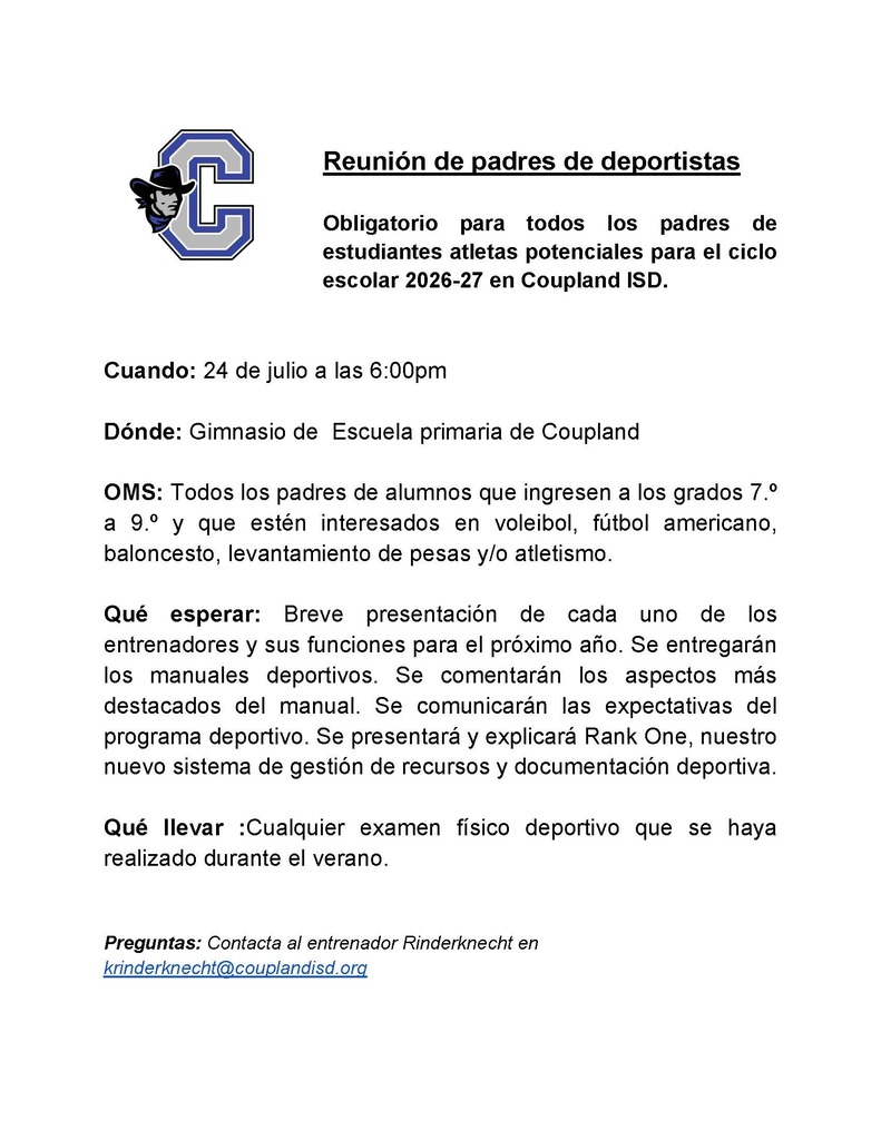Spanish Athletics Parent Meeting Flyer