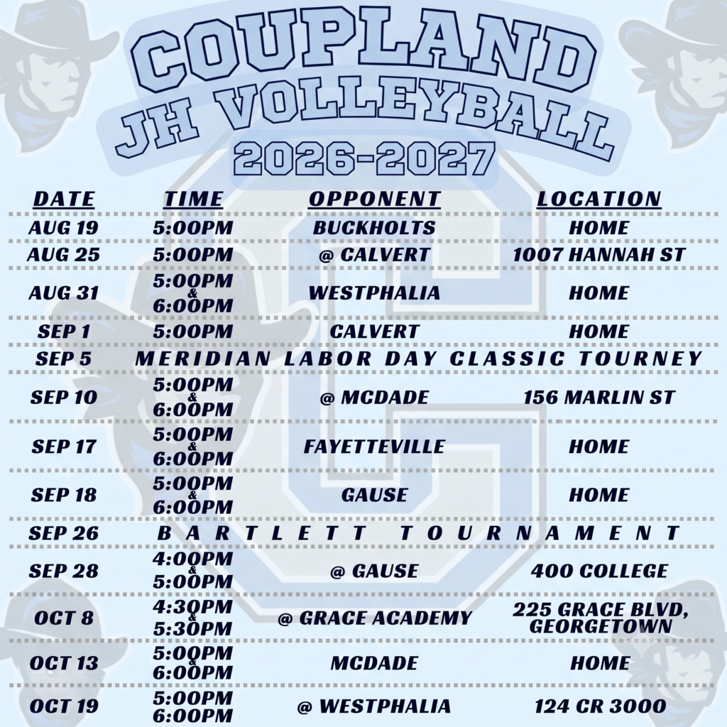 26-27 Coupland Junior High Girls Volleyball Schedule