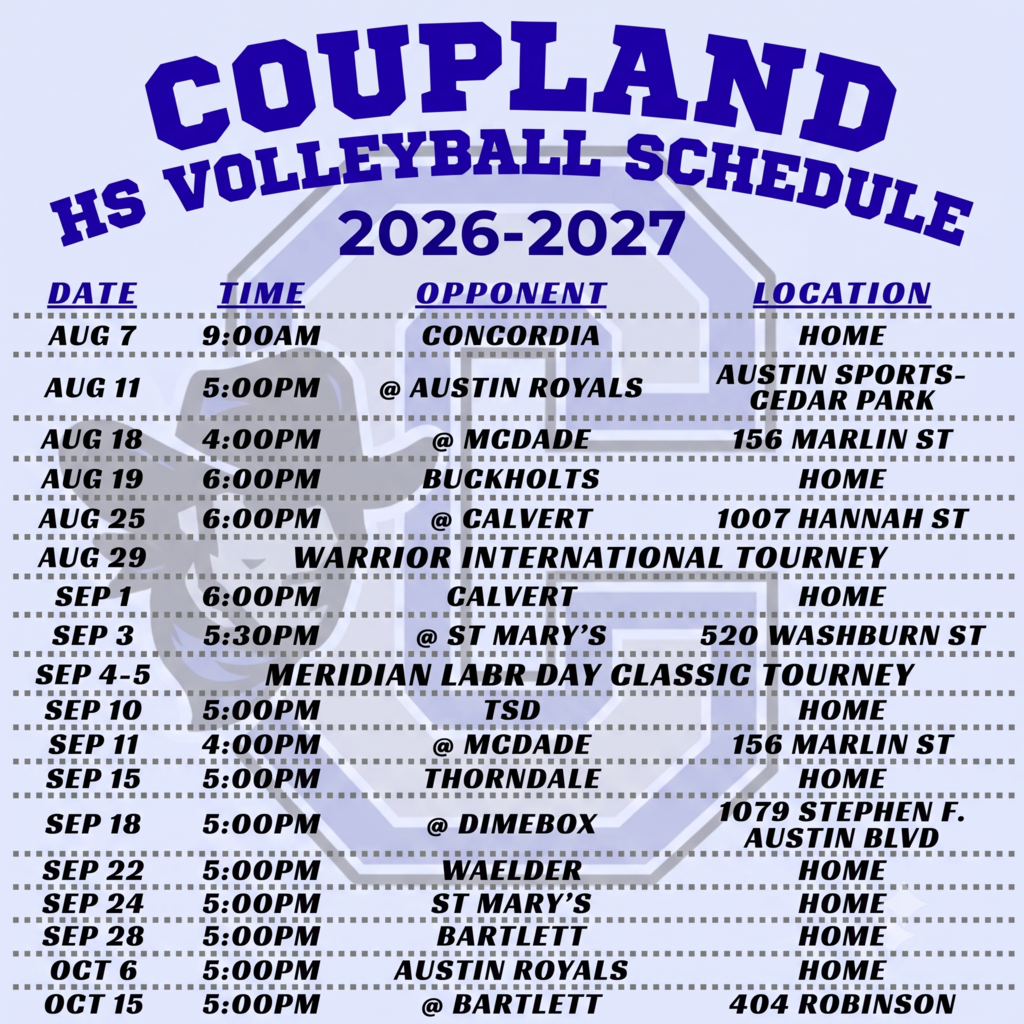 26-27 Coupland High School Girls Volleyball Schedule