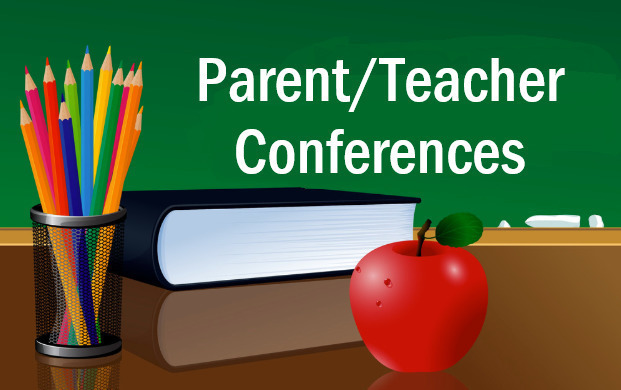Illustration of books, pencils, and an apple on a desk with "Parent/Teacher Conferences" in white text.