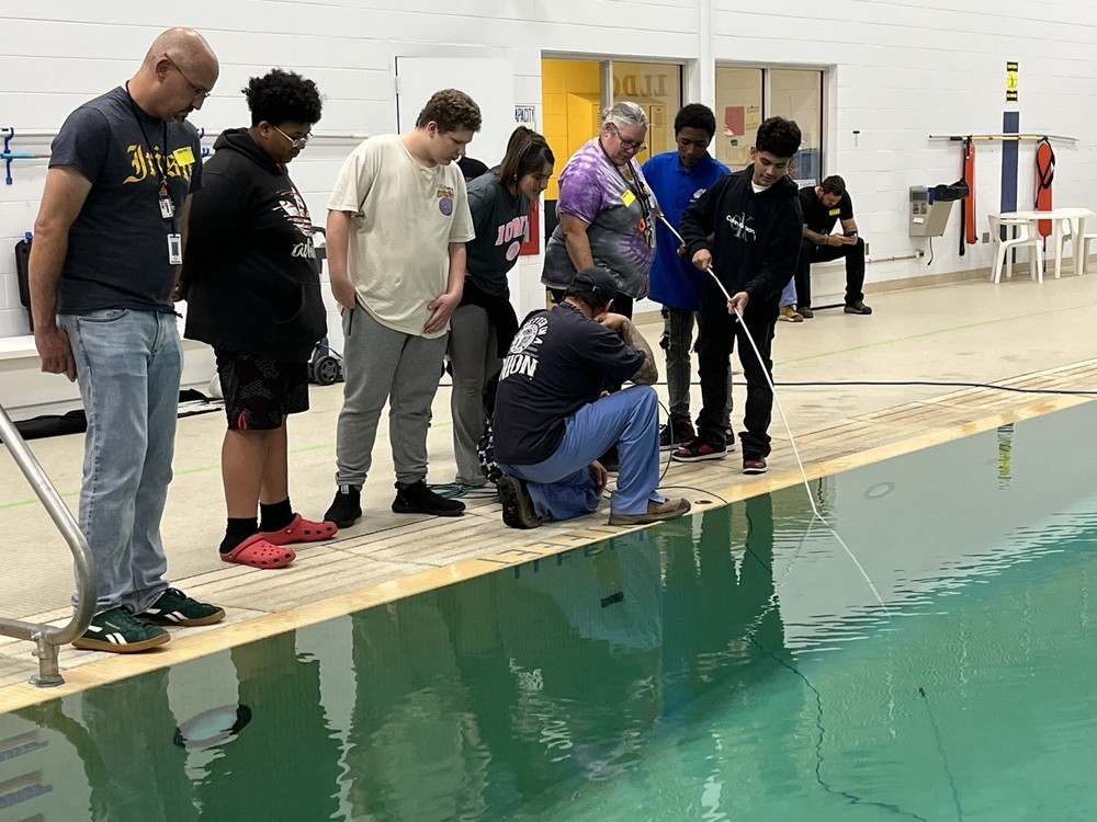 People standing near a swimming pool