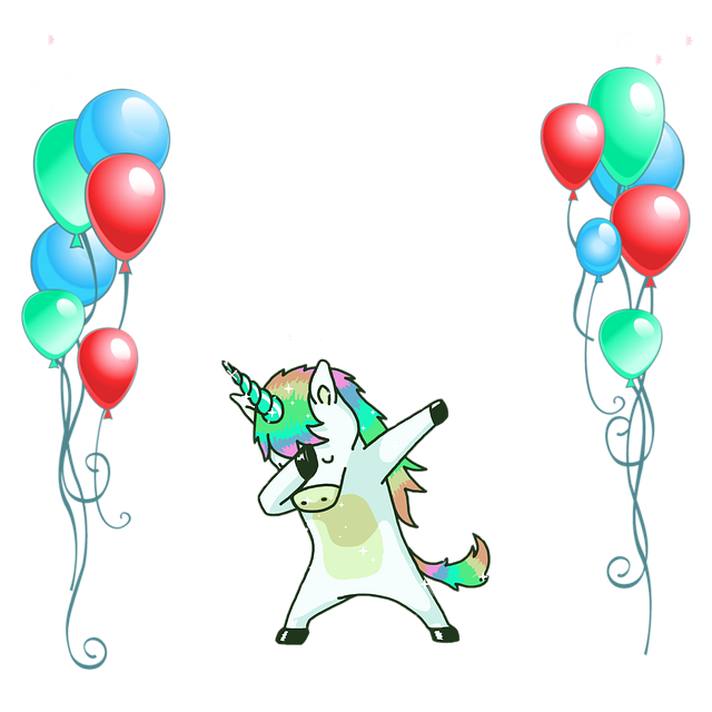 dancing unicorn and balloons