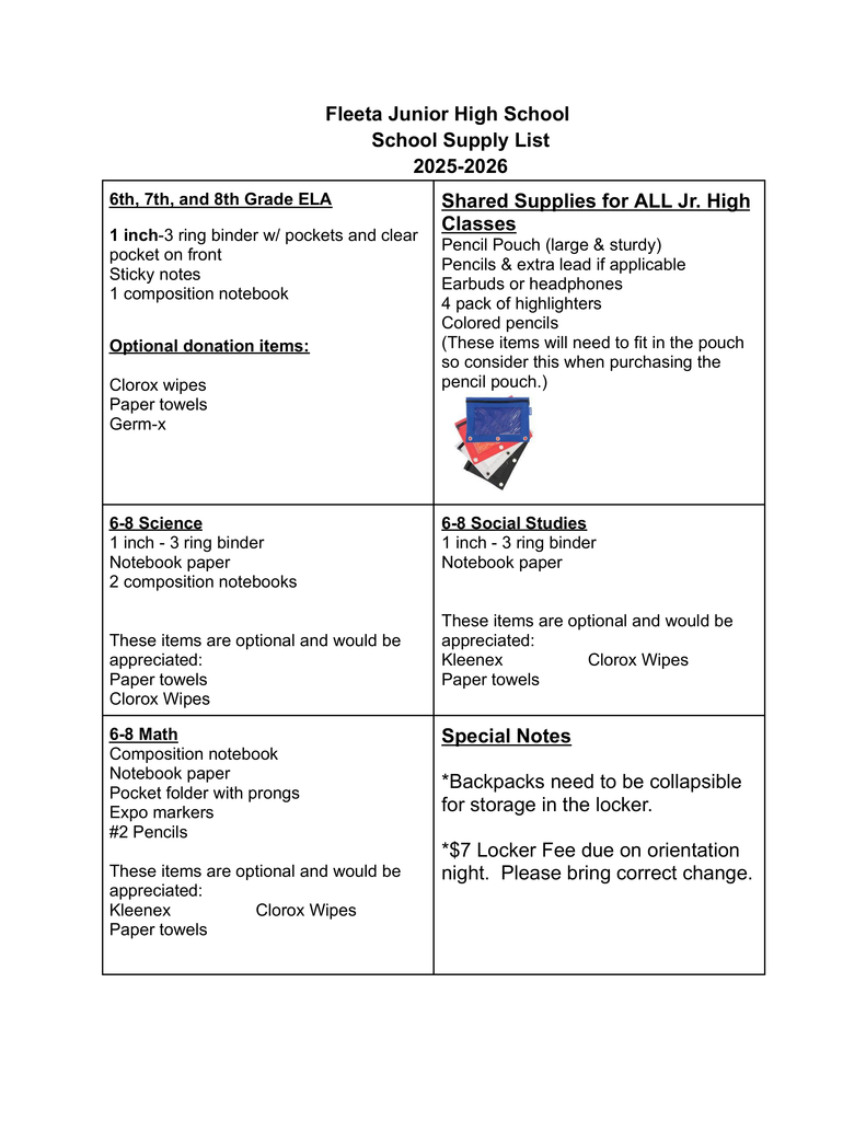 supply list for 6-8 grades