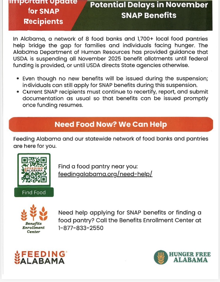 This flyer includes a QR code and key resources for accessing food assistance during what could be a very trying time for families in Covington County.