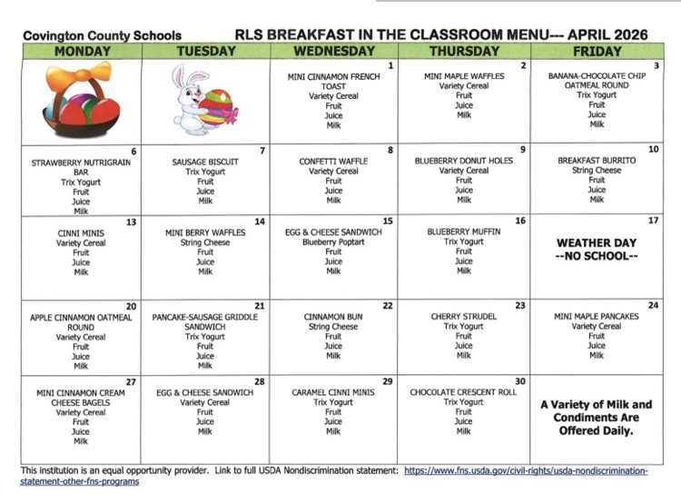 Red Level breakfast in the classroom menu