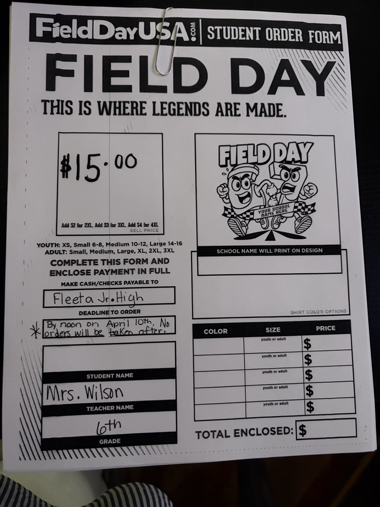 field day shirt order forms 