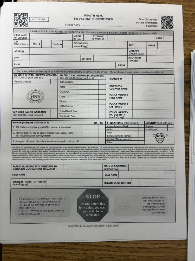 flu clinic form  for students