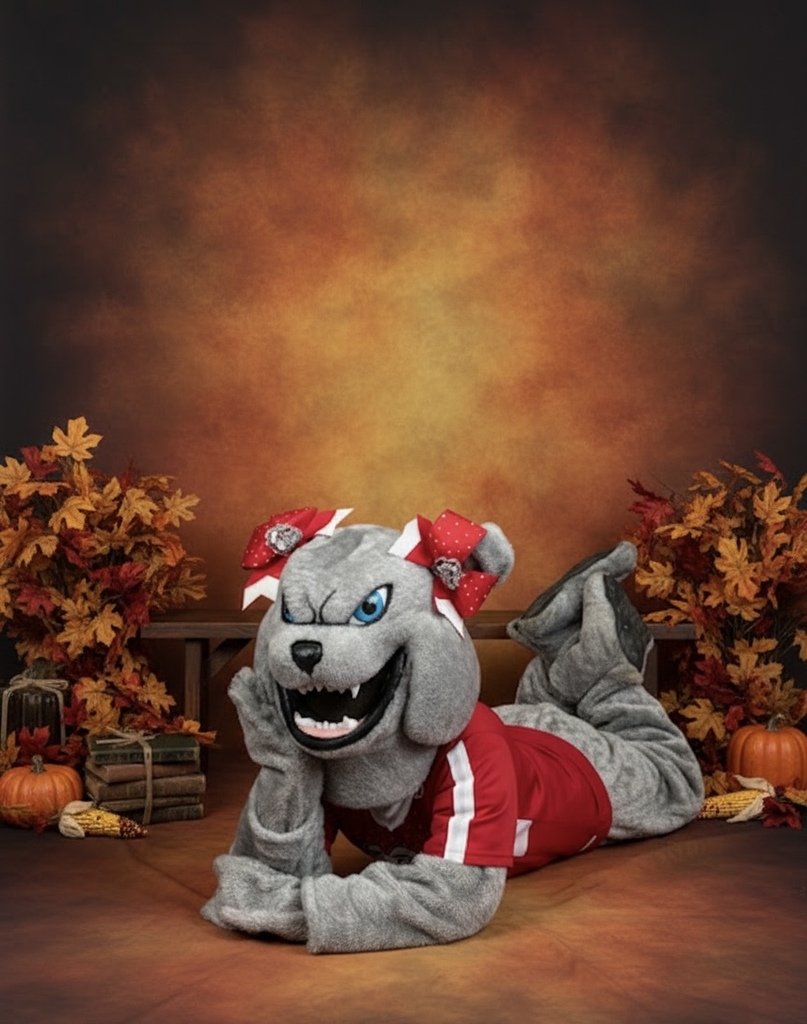 Bulldog Mascot posing in front of fall studio background for student fall picture day