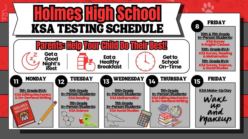 Holmes High School Kentucky State Assessment schedule for 2026