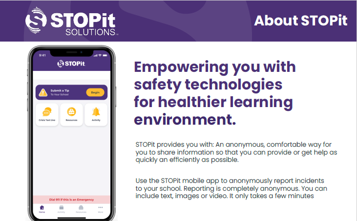 STOPit Solutions “About STOPit” webpage section featuring a smartphone displaying the STOPit app and text describing anonymous incident reporting and safety technology for healthier learning environments.