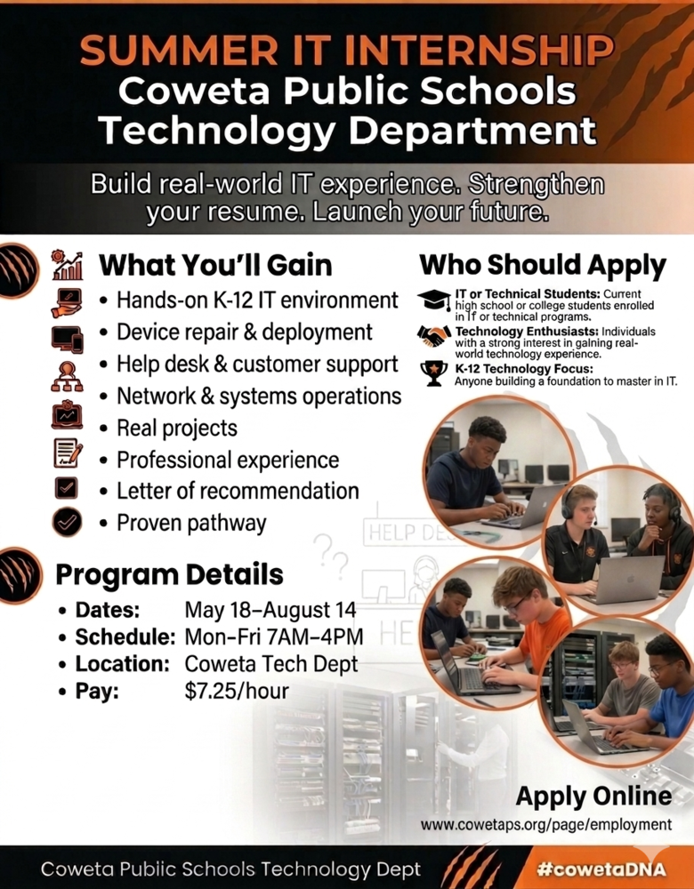 Job flyer with details about a summer internship with IT