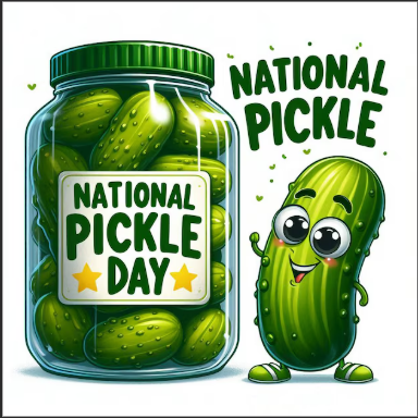 pickle with a face, arms and legs standing next to a jar of pickles that says "National Pickle Day"