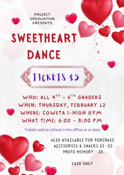 Sweetheart Dance information flyer with red hearts
