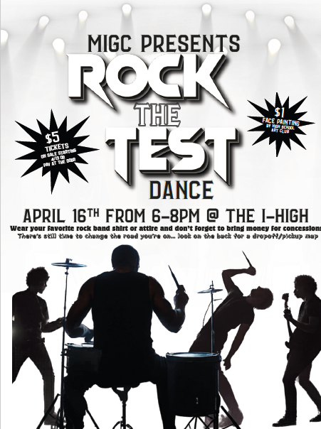 Rock the Test Dance flyer with silhouette of drummer and singers in the foreground