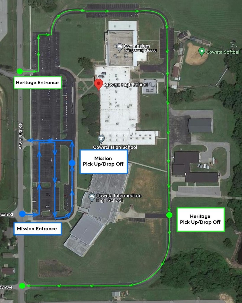 map of the I-High showing green lines for Heritage drop-off and blue lines for Mission pick-up routes
