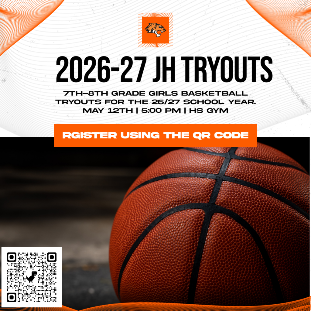 Basketball, QR code for registration, 2026-27 JH Girls Basketball Tryouts, May 12, 5pm, HS Gym