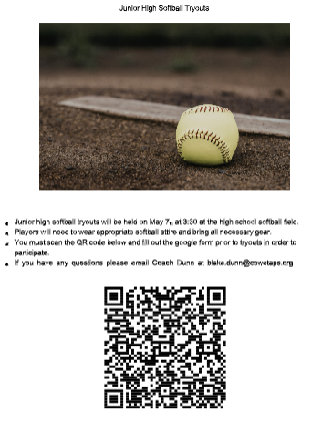 JH Softball Tryouts, May 7, 3:30 PM at the HS softball field; image of softball in dirt with white base in background; qr code 