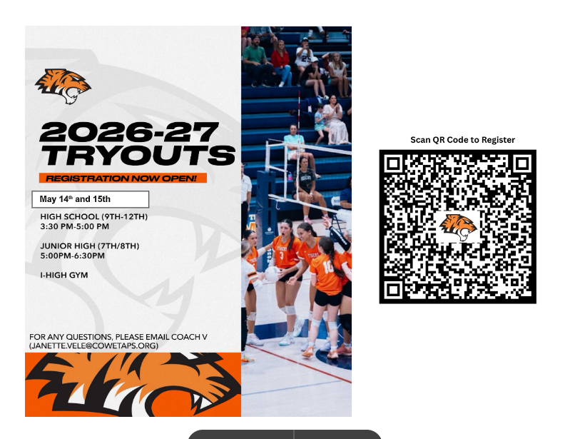 2026-27 JH Volleyball Tryouts, May 14 & 15, 5-6:30 at the IHigh Gym; QR code for registration