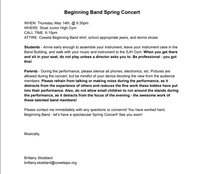 letter from Brittany Stoddard regarding Beginning Band Concert on May 14 at 6:30 at Sloat JH Gym