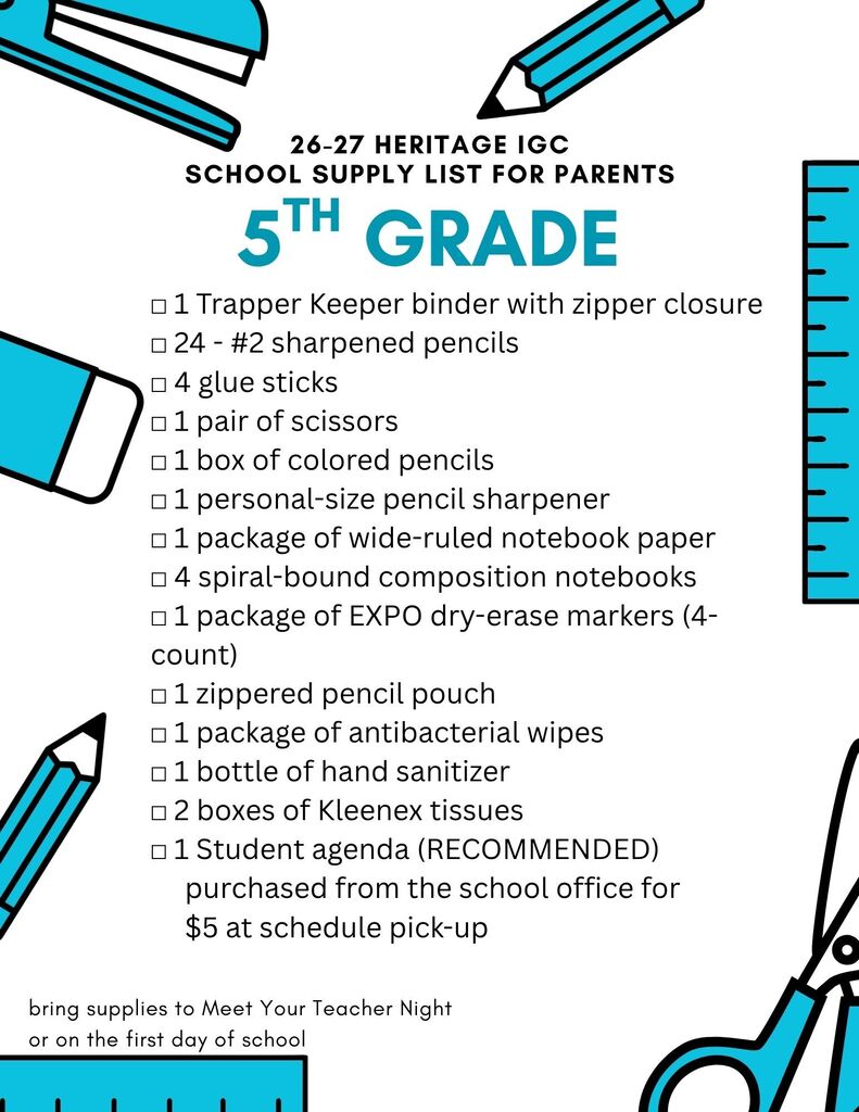 5th grade school supply list