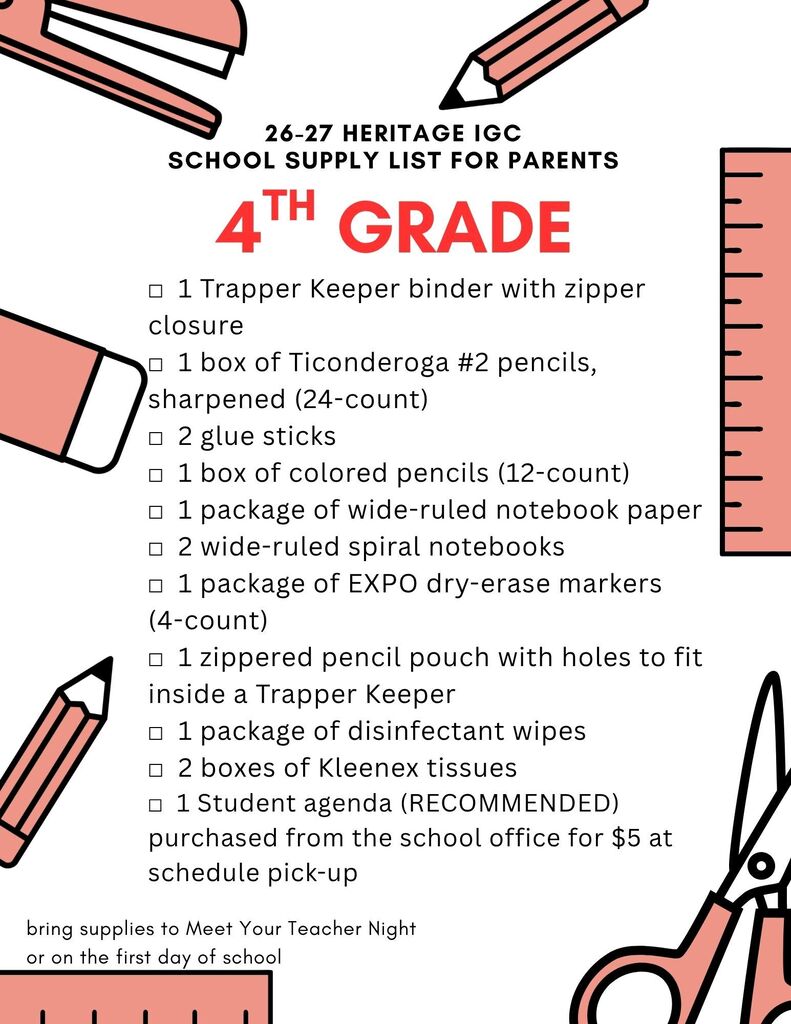 4th grade school supply list