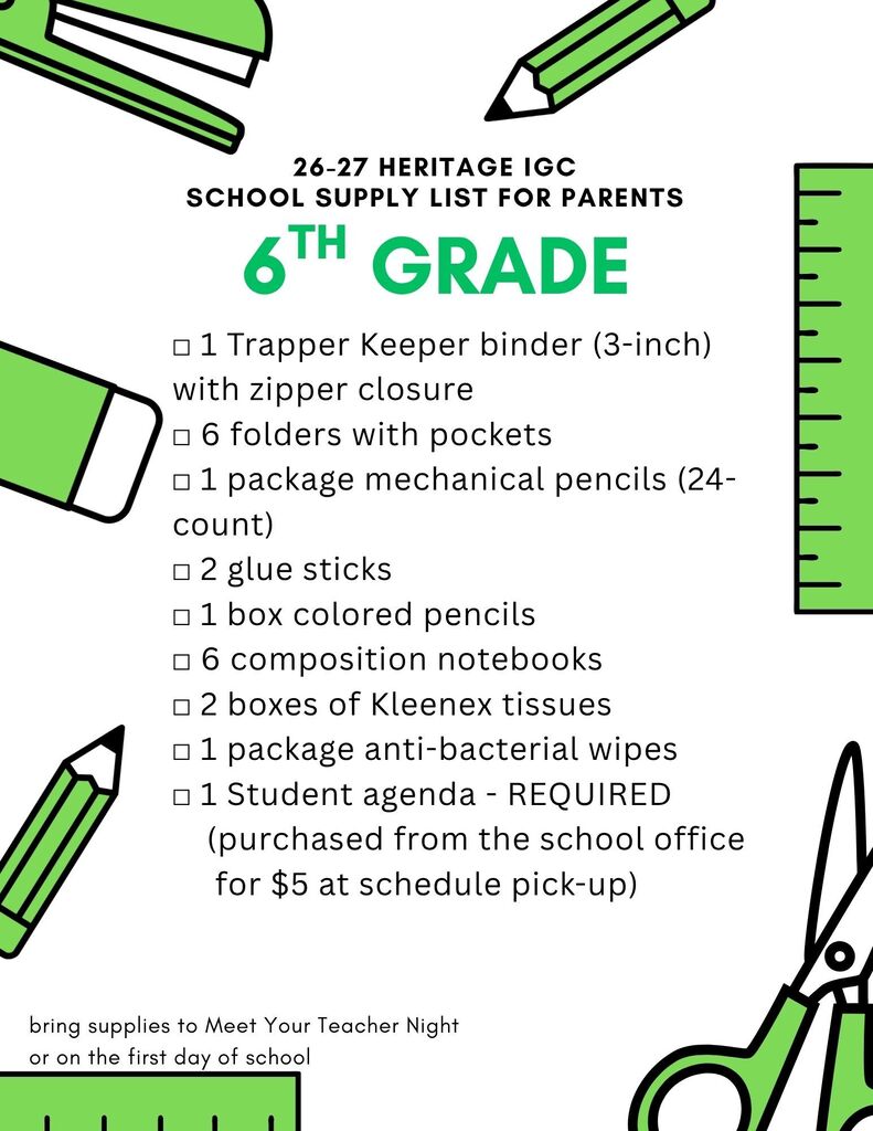6th grade school supply list