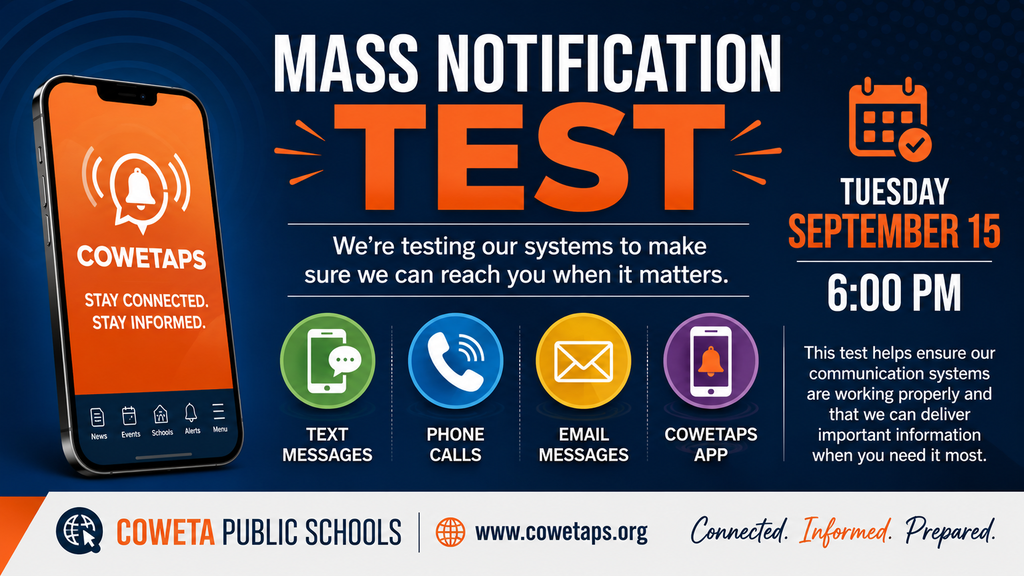 Coweta Public Schools Mass Notification Test graphic announcing a districtwide test on Tuesday, September 15 at 6:00 PM. The test will verify communication through text messages, phone calls, email, and the CowetaPS app.