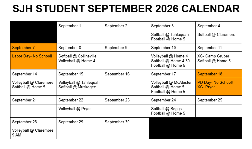 Calendar of student events for 9/26