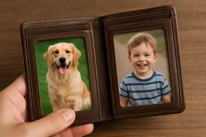 A hand holds an open brown leather photo wallet displaying two pictures: a golden retriever sitting on grass with its tongue out and a smiling young boy wearing a blue-and-gray striped shirt.