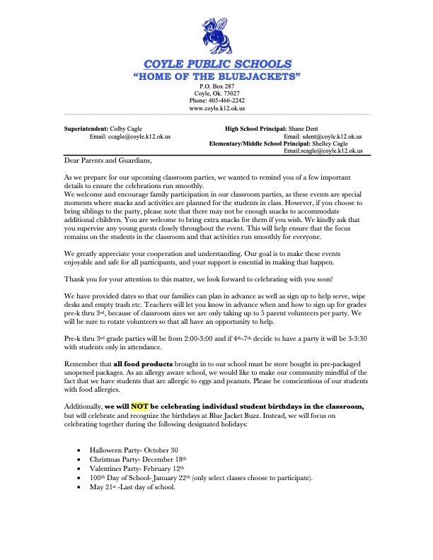 Elementary and Middle School Party dates and information.